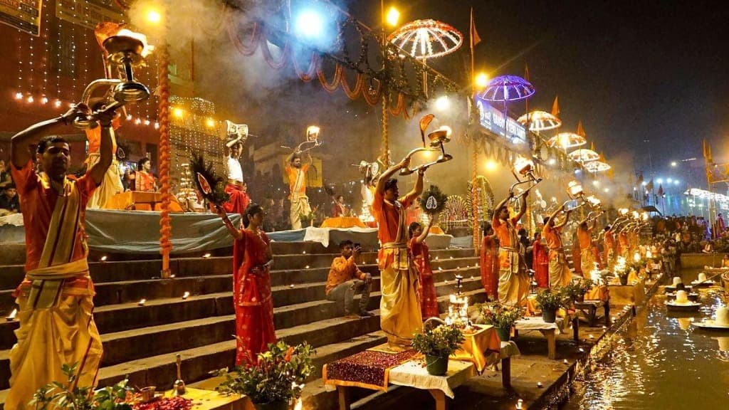 Dev Deepawali grand Ganga Aarti and illuminated ghats of Varanasi