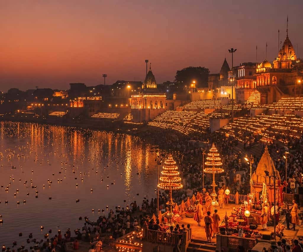 Illuminated Varanasi Ghats Ganga Aarti ceremony during Dev Deepawali