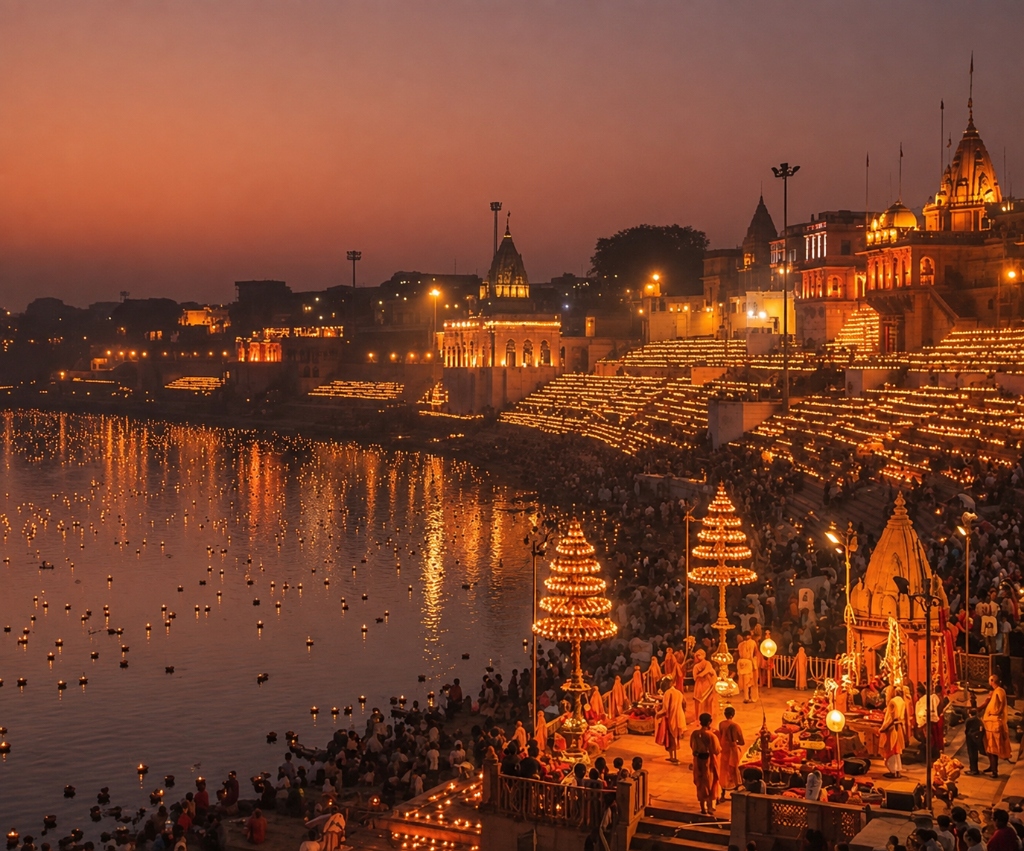 Illuminated Varanasi Ghats Ganga Aarti ceremony during Dev Deepawali